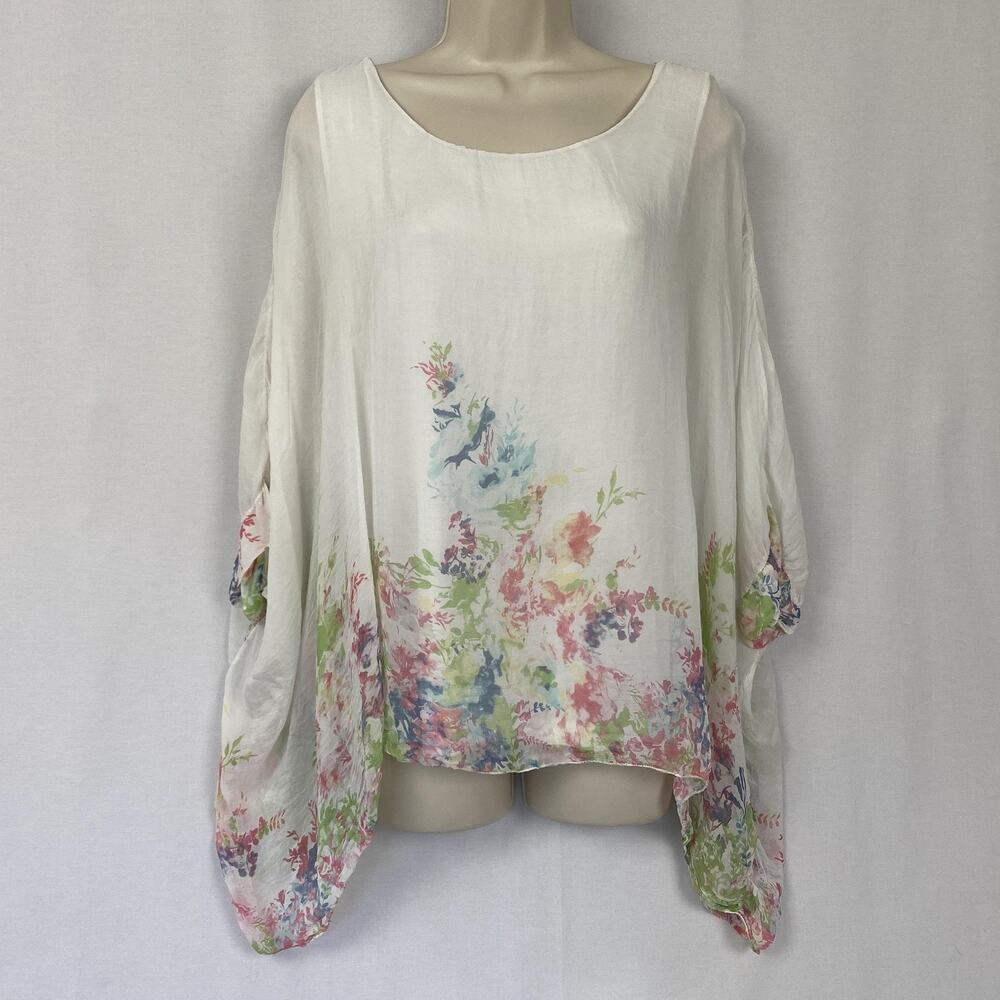 Elena Baldi Silk Kimono Top Women Medium White Floral Watercolor Italy Lagenlook - Picture 2 of 12